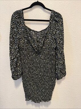 SHEIN Black Floral Smocked Mini Dress with Light Blue Blooms